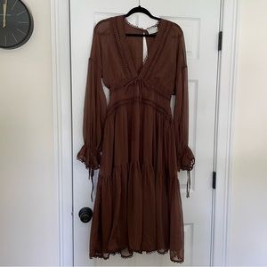 ASOS DESIGN lace insert midi dress with blouson sleeve and tie detail